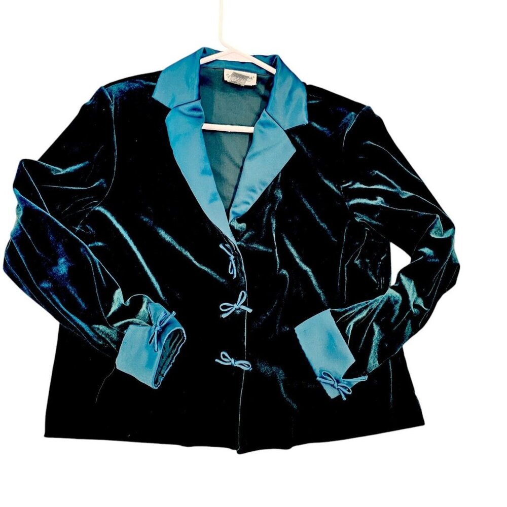 Vintage Y2K Dark Green Velvet Blazer Formal Satin Bows Detail Sz 12 Whimsigoth